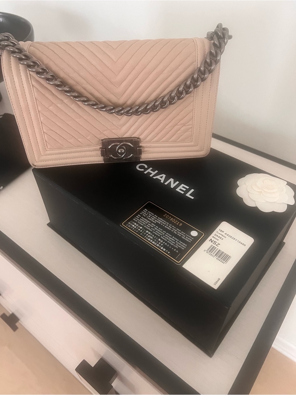CHANEL BOY bag in a NUDE Quilted Chevron print Shoulder Bag with Gunmetal Chain.